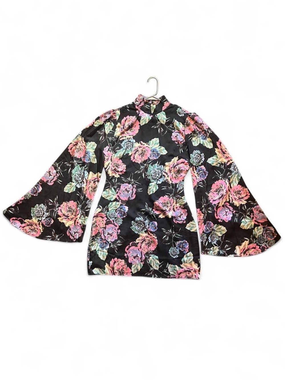 Floral Bell-Sleeve High-Neck Top - Black with Colorful Florals